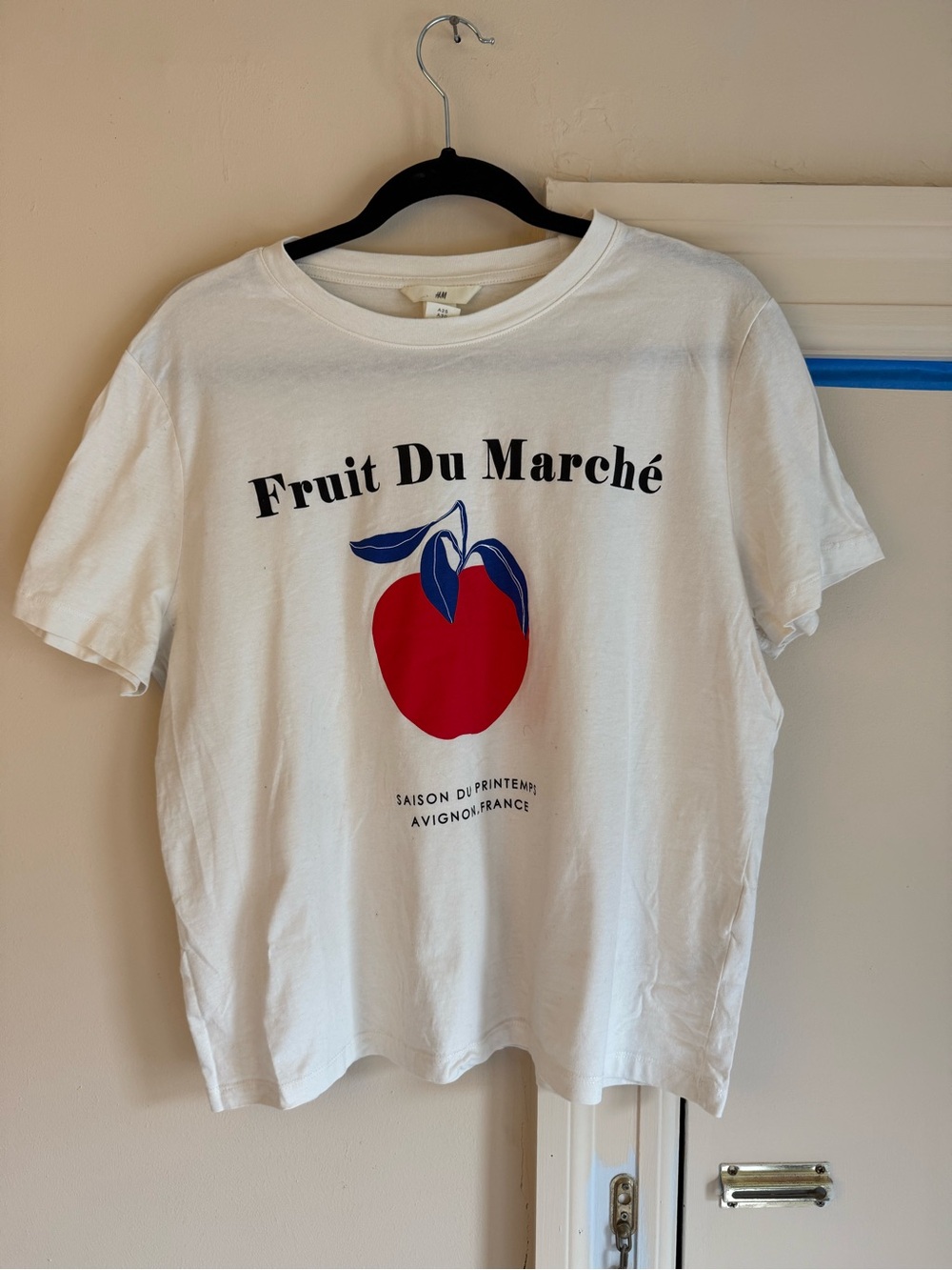 H&M White Tee with Red Fruit & Blue Leaf Graphic
